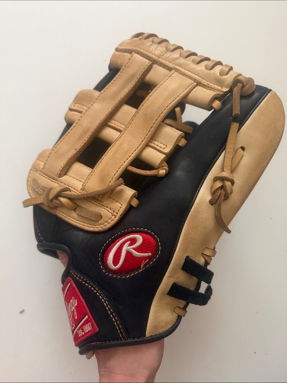 Rawlings Black and Tan H-Web Baseball Glove with Red Logo Patch